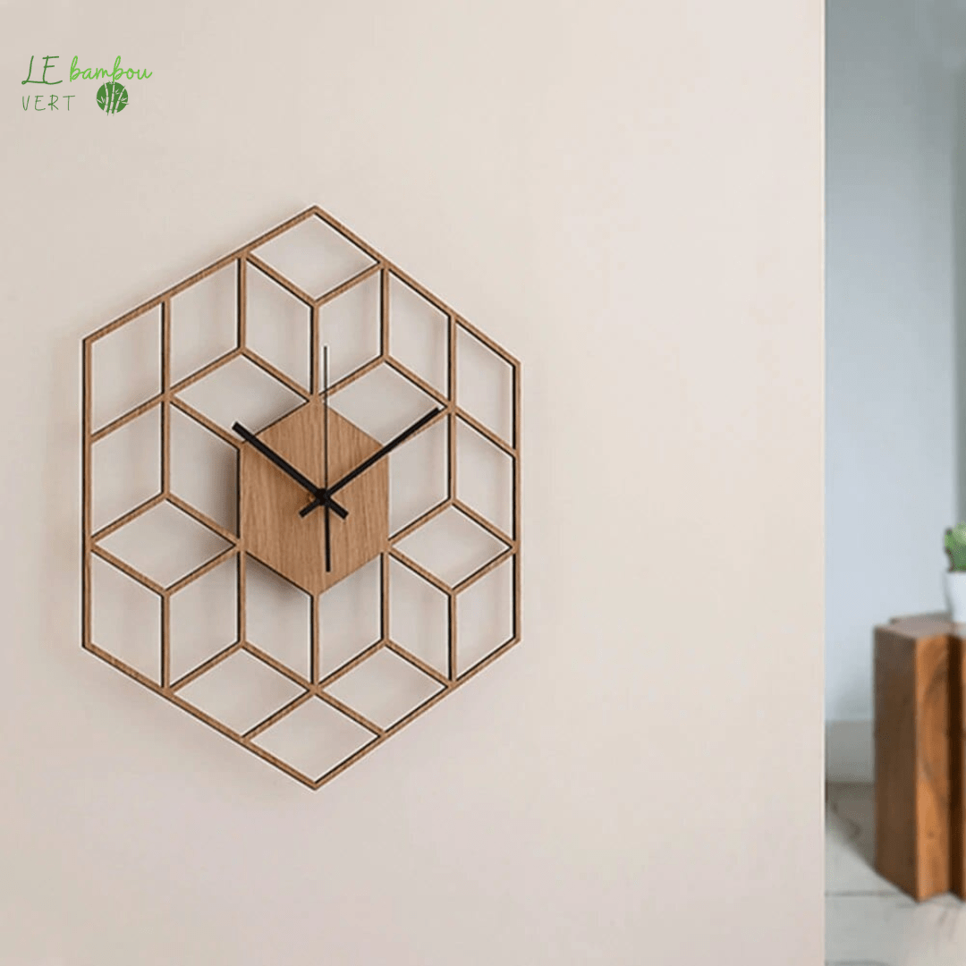 Horloge bambou murale Hexagonal 1005006089622236-Bamboo Color le bambou vert